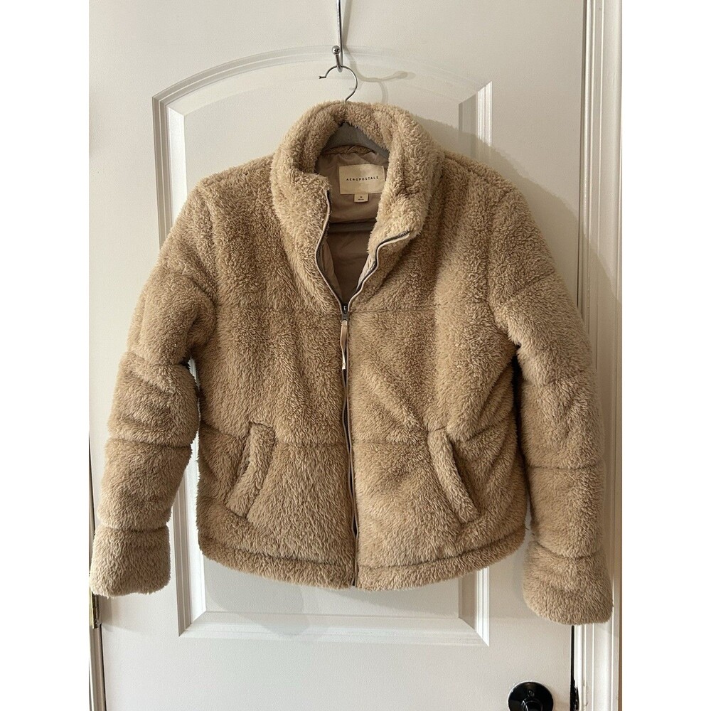 Aeropostale Women’s Size Medium Full Zip Tan Teddy Jacket Mock Neck